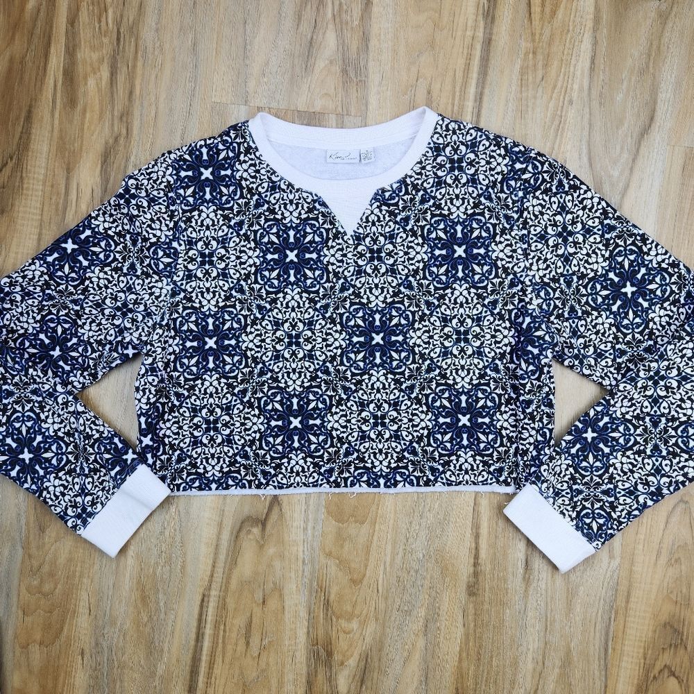 💜Vintage Kim Rogers Blue & White Crop Long Sleeve Sweatshirt Medium